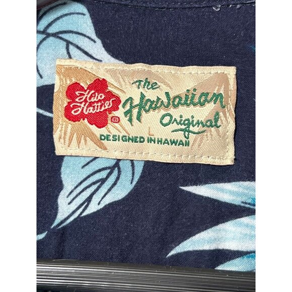 Vintage Hilo Hattie Hawaiian Black Teal Blue Floral Button-Up Shirt Mens Large - Picture 7 of 11